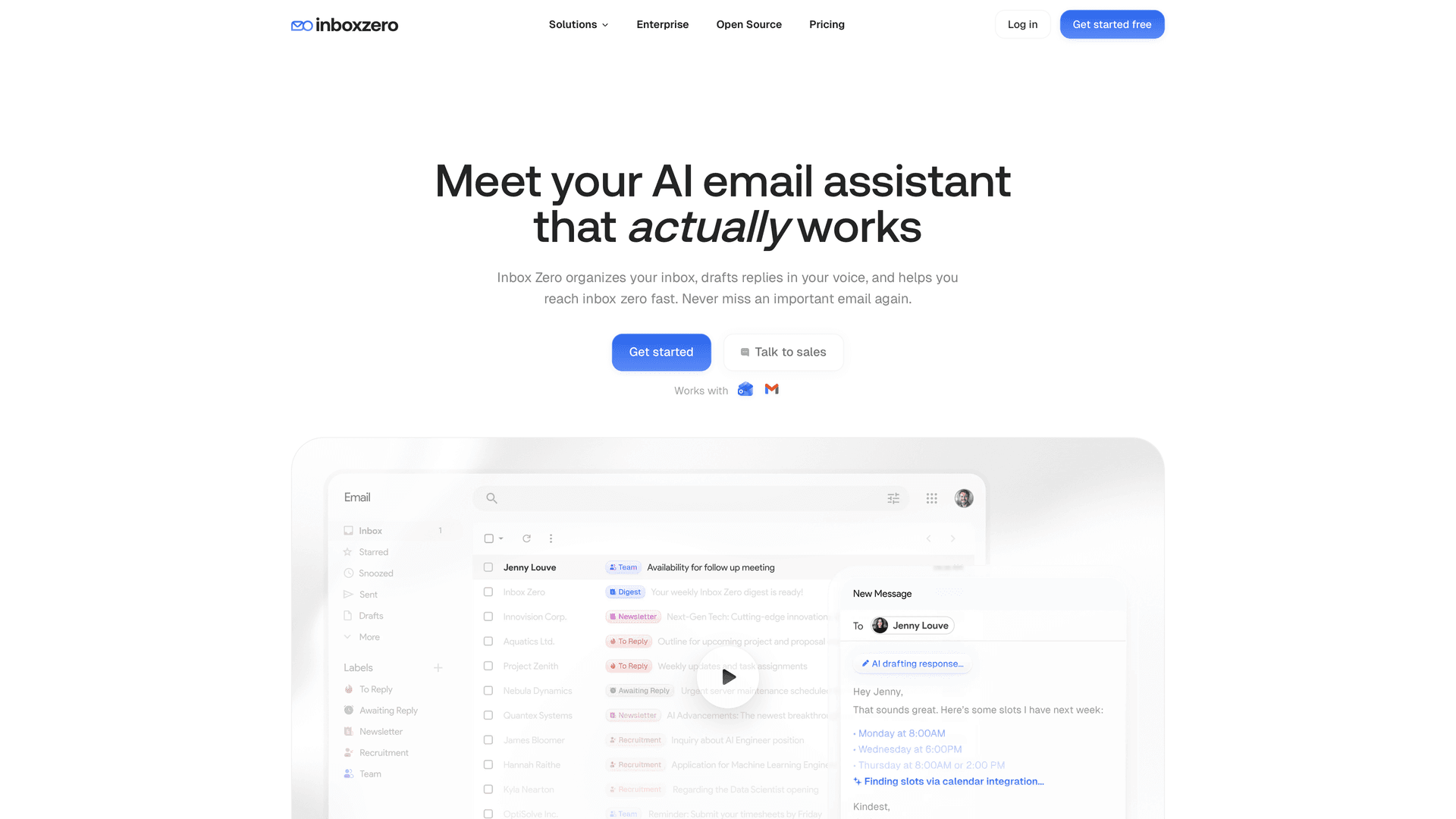 Inbox Zero homepage showing AI email assistant interface with inbox organization, automated labeling, and AI-drafted replies