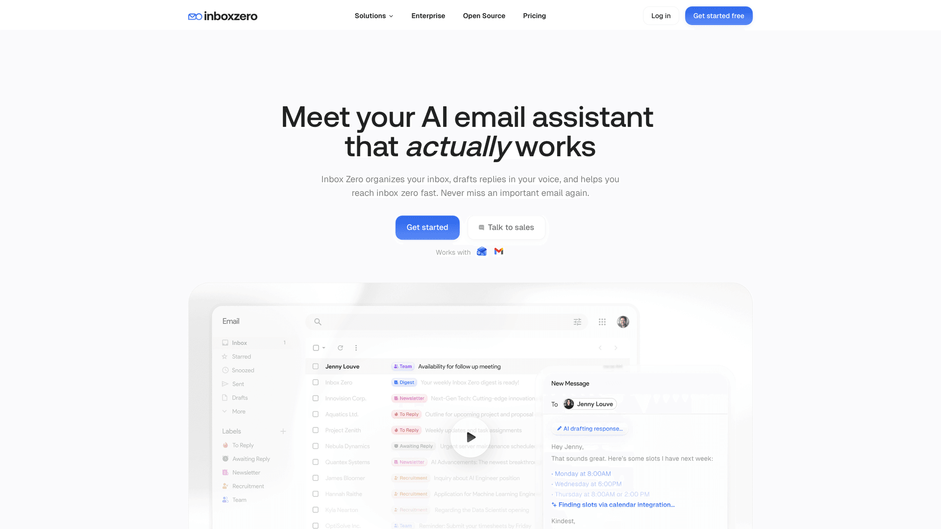 Inbox Zero homepage showing AI email assistant features for Gmail and Outlook including auto-archiving, AI replies, and cold email blocking